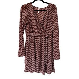 Xhilaration Southwestern Geometric Print Bell Sleeve Faux Wrap Dress Size Large